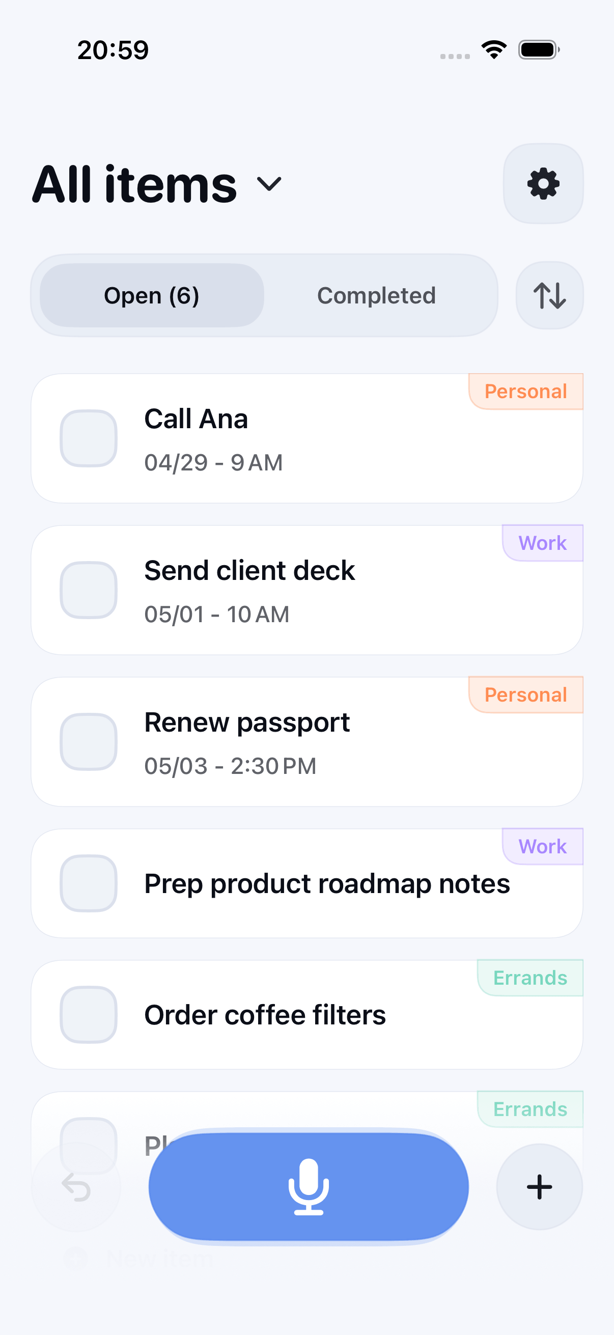 Deadsimple home screen showing voice capture and parsed tasks